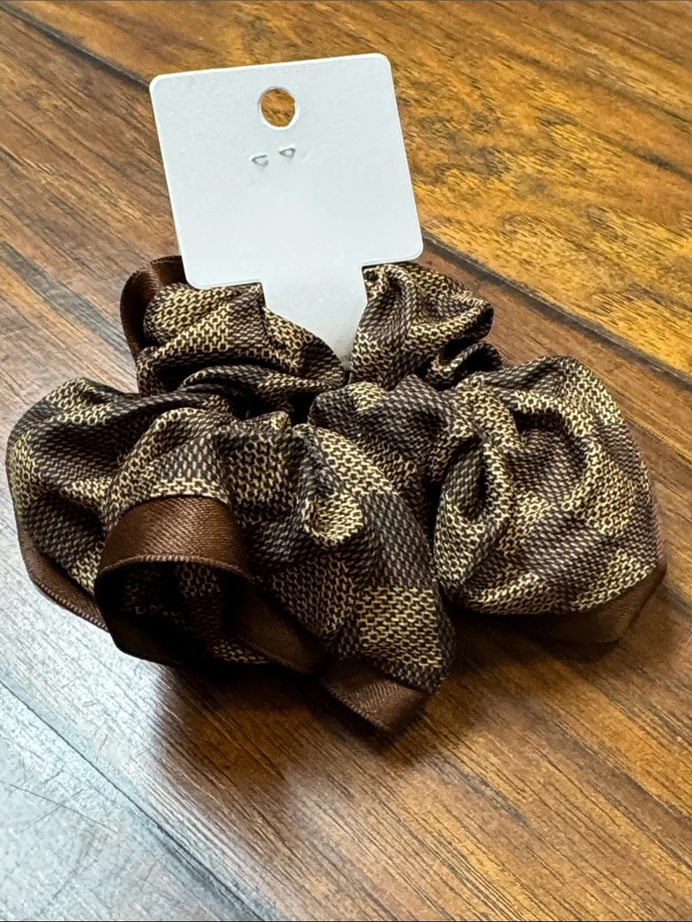 Ettas Brown Black Plaid Satin Reversible Oversized Scrunchie NWT